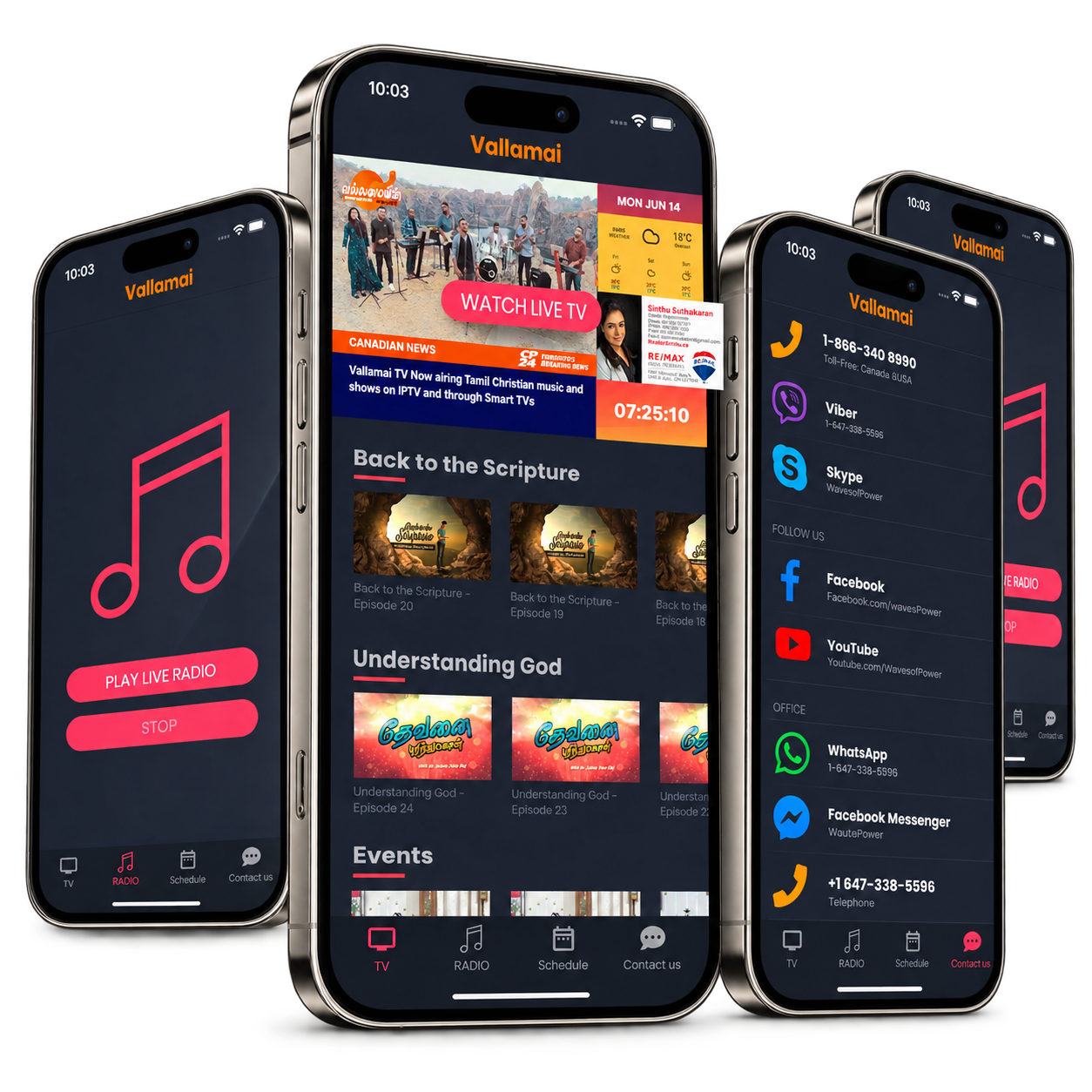 Vallamai app showing live radio, TV, programs, and contact options on four phones